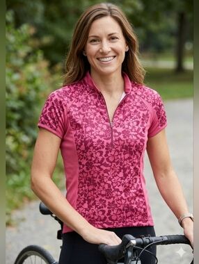 L.L Bean Women's Short-Sleeve Floral Zip Cycling Jersey - Pink